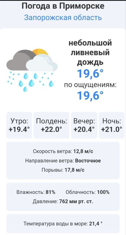 Сегодня в городе Приморск (Запорожская область) на протяжении дня ожидается теплая погода.