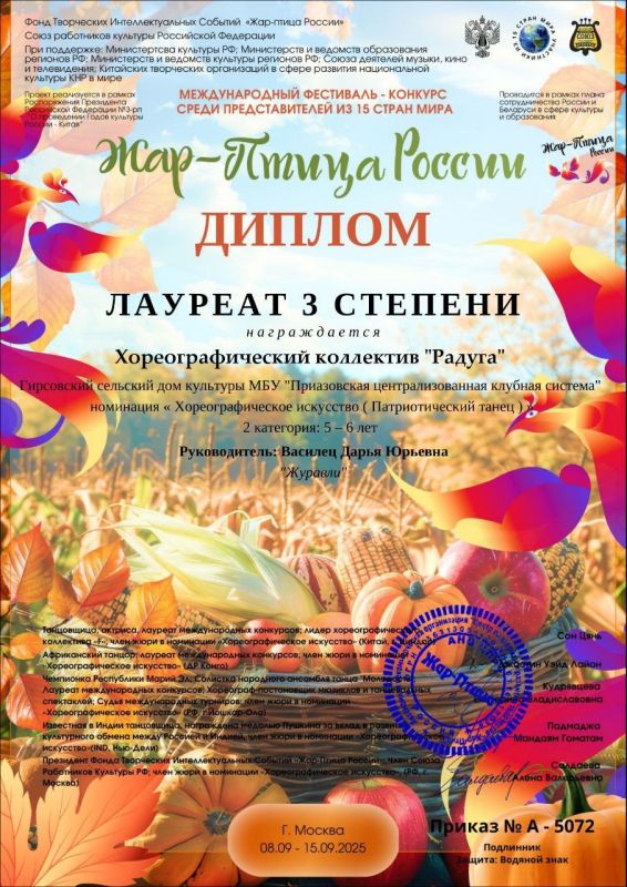 Мы рады сообщить, что наши коллективы принимали участие в двух престижных международных конкурсах "Водевиль талантов" и "Жар - Птица России", которые признаны на самом высоком уровне