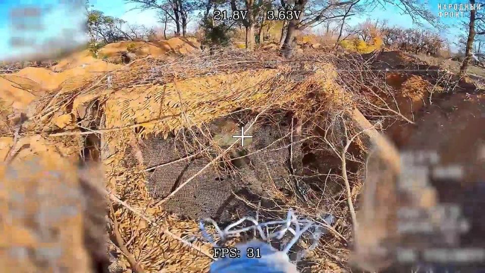 Расчеты FPV-дронов 98-й гвардейской воздушно-десантной дивизии разбирают замаскированную гаубицу противника «Богдана»