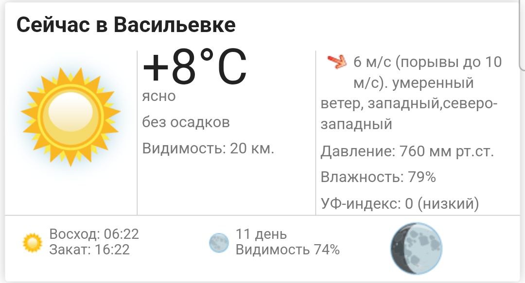 Сегодня, 1 ноября 2025 года в Васильевке ясно, без осадков