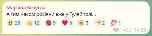 Украинский нардеп Марьяна Безуглая пишет, что войска РФ зашли в Гуляйполе Украинский нардеп Марьяна Безуглая пишет, что войска РФ зашли в Гуляйполе