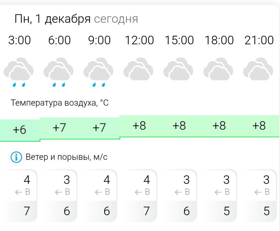 ПРОГНОЗ ПОГОДЫ. В понедельник, 1 декабря в Энергодаре пасмурно, дождь