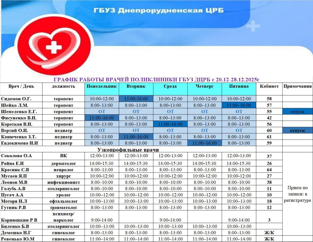 Внесены изменения в график работы врачей в поликлинике ГБУЗ «Днепрорудненская ЦРБ» с 15.12- 28.12.2025 года