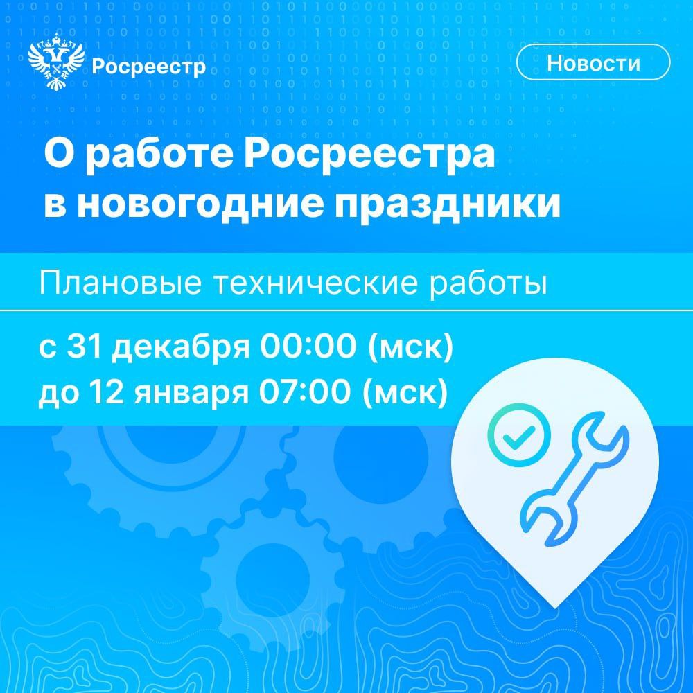 Уважаемые пользователи!. В период праздничных и выходных дней с 00:00 31 декабря 2025 года до 07:00 12 января 2026 года (мск) электронные услуги и сервисы Росреестра, в том числе на портале Госуслуг, будут на каникулах