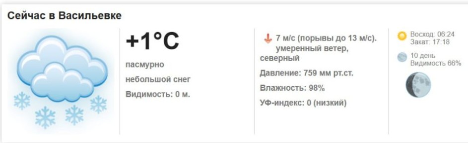 Сегодня, 26 февраля 2026 года в Васильевке пасмурно, небольшой снег