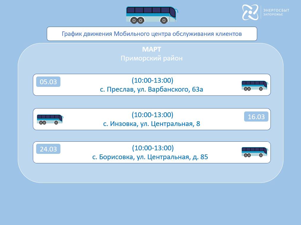 График работы мобильного офиса «Энергосбыт Запорожье» на март 2026 года График работы мобильного офиса «Энергосбыт Запорожье» на март 2026 года