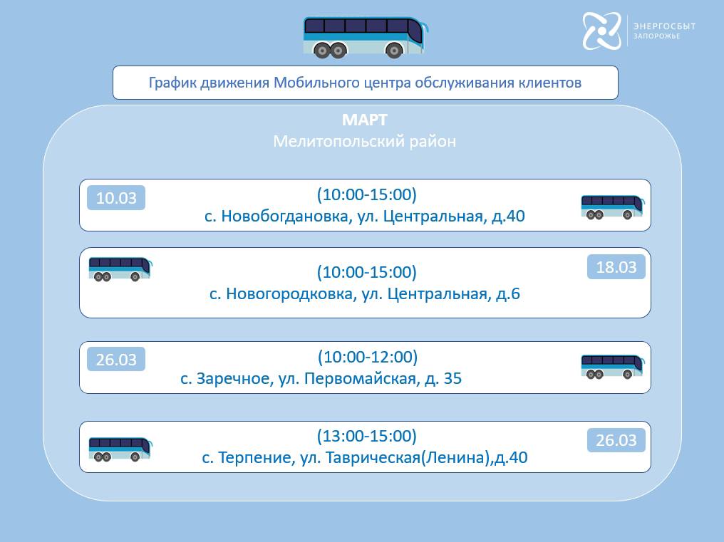 График работы мобильного офиса «Энергосбыт Запорожье» на март 2026 года График работы мобильного офиса «Энергосбыт Запорожье» на март 2026 года