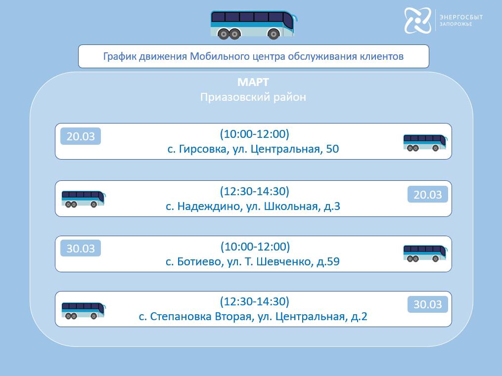 График работы мобильного офиса «Энергосбыт Запорожье» на март 2026 года График работы мобильного офиса «Энергосбыт Запорожье» на март 2026 года
