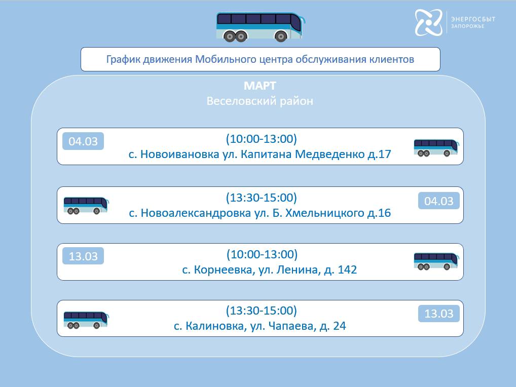 График работы мобильного офиса «Энергосбыт Запорожье» на март 2026 года График работы мобильного офиса «Энергосбыт Запорожье» на март 2026 года