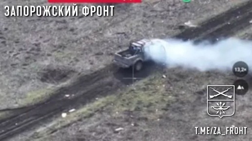 Оставили без БК. Оператор FPV-дрона развердроты «Немца» сжег пикап подвоза БК ВСУ на Запорожском направлении