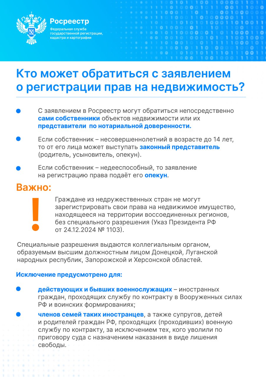 Важная информация для жителей Донецкой и Луганской народных республик, Запорожской и Херсонской областей: до 1 июля 2026 года гражданам России необходимо подать в Росреестр документы для регистрации прав на объекты... Важная информация для жителей Донецкой и Луганской народных республик, Запорожской и Херсонской областей: до 1 июля 2026 года гражданам России необходимо подать в Росреестр документы для регистрации прав на объекты...