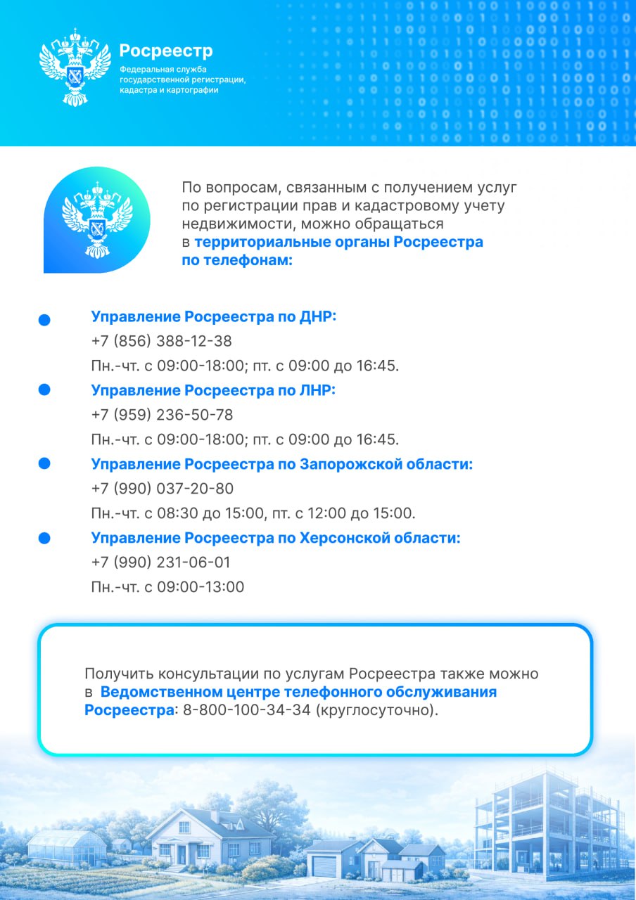 Важная информация для жителей Донецкой и Луганской народных республик, Запорожской и Херсонской областей: до 1 июля 2026 года гражданам России необходимо подать в Росреестр документы для регистрации прав на объекты... Важная информация для жителей Донецкой и Луганской народных республик, Запорожской и Херсонской областей: до 1 июля 2026 года гражданам России необходимо подать в Росреестр документы для регистрации прав на объекты...