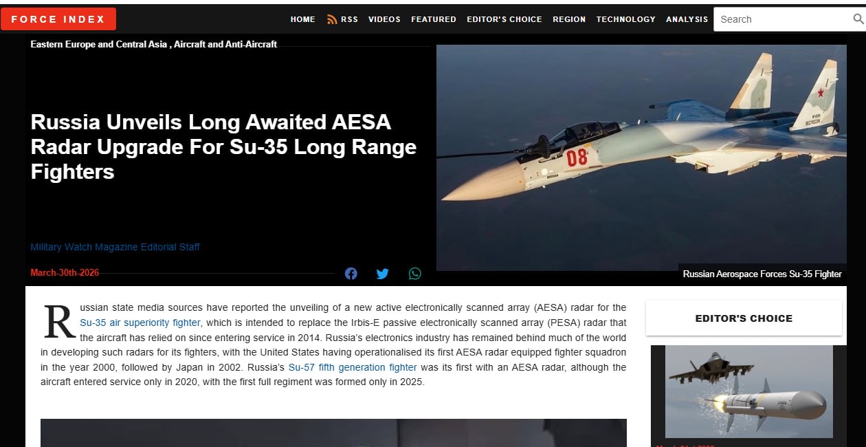 Россия представила долгожданную модернизацию радара с активной фазированной антенной решеткой для истребителей дальнего радиуса действия Су-35, сообщает Military Watch Magazine