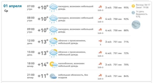 Доброе утро, Михайловка!. Погода на сегодня, 1 апреля 2026: Утром пасмурно, возможен небольшой дождь, +10°
