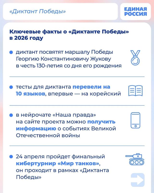 24 апреля Единая Россия проведет международную патриотическую акцию «Диктант Победы» 24 апреля Единая Россия проведет международную патриотическую акцию «Диктант Победы»
