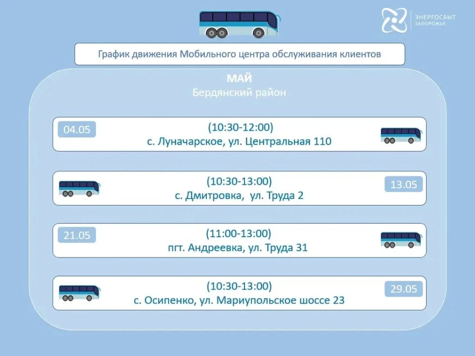 График работы мобильного офиса «Энергосбыт Запорожье» на май 2026 года, предоставляющего услуги населению в отдаленных и труднодоступных районах График работы мобильного офиса «Энергосбыт Запорожье» на май 2026 года, предоставляющего услуги населению в отдаленных и труднодоступных районах