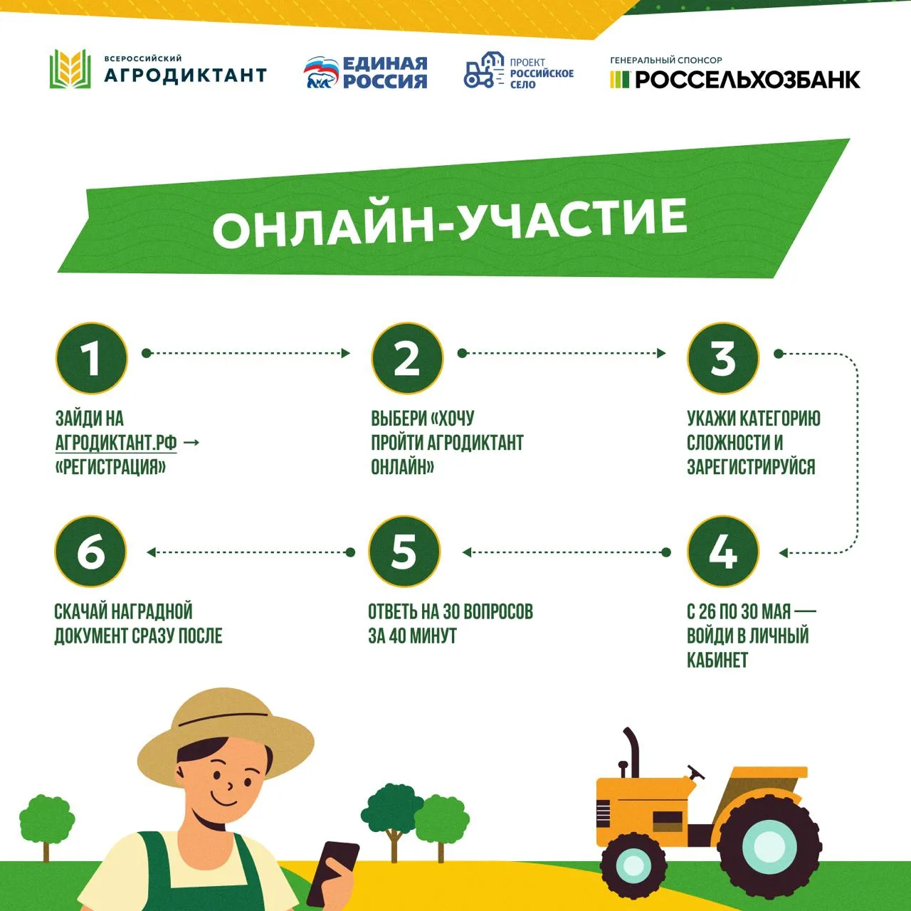 С 26 по 30 мая 2026 года пройдет федеральная акция, где каждый сможет проверить свои знания об агропромышленном комплексе, сельских территориях и продовольственной безопасности С 26 по 30 мая 2026 года пройдет федеральная акция, где каждый сможет проверить свои знания об агропромышленном комплексе, сельских территориях и продовольственной безопасности