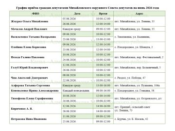 График приёма граждан депутатами Михайловского окружного Совета в июне 2026 года