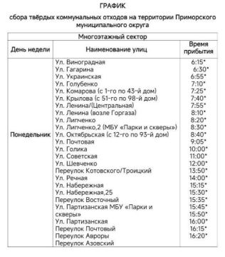 ГУП "ЭКОЛОГИЯРЕСУРС" ПРЕДСТАВЛЯЕТ ВНИМАНИЮ ЖИТЕЛЕЙ ПРИМОРСКА И НАСЕЛЕННЫХ ПУНКТОВ ОКРУГА ГРАФИК ВЫВОЗА ТВЕРДЫХ КОММУНАЛЬНЫХ ОТХОДОВ