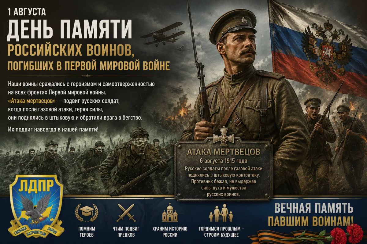 1 августа — День памяти российских воинов, погибших в Первой мировой войне 1 августа — День памяти российских воинов, погибших в Первой мировой войне
