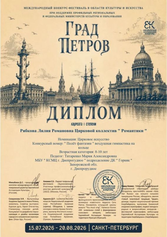 Поздравляем наш цирковой коллектив «Романтики» с блестящей победой на Международных конкурсах-фестивалях «Град Петров» и «Рожденные творить» в Санкт-Петербурге!