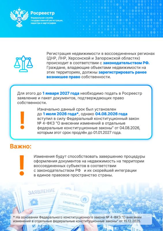 Срок оформления прав на недвижимость для жителей воссоединённых регионов продлён до 1 января 2027 года Срок оформления прав на недвижимость для жителей воссоединённых регионов продлён до 1 января 2027 года