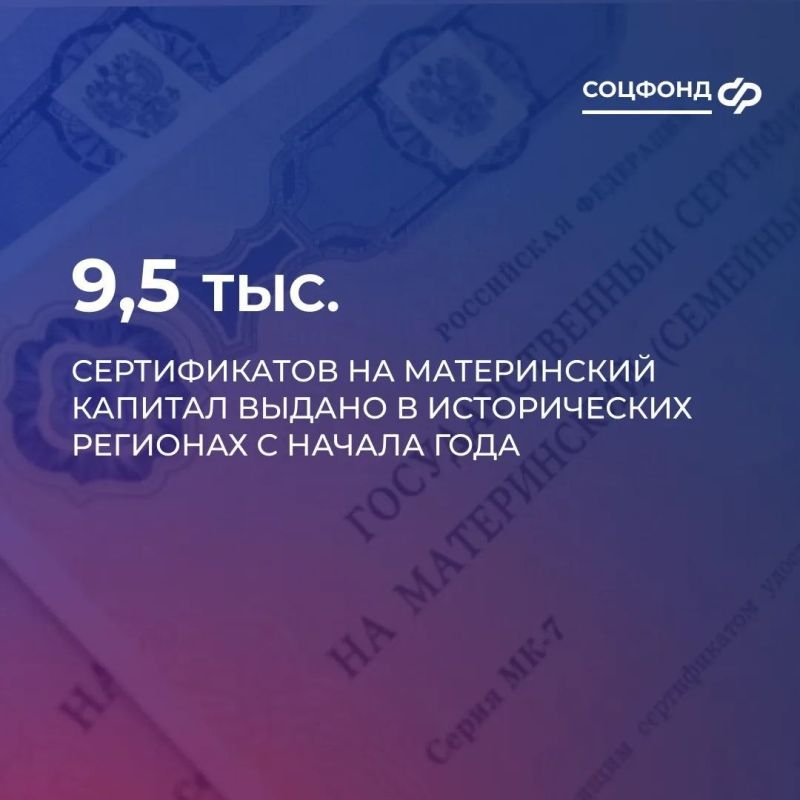 Порядка 9,5 тыс. сертификатов на материнский капитал выдано в исторических регионах с начала года