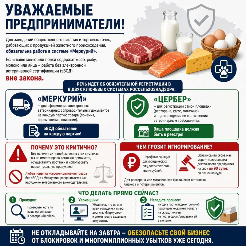 Уважаемые предприниматели! Для заведений общественного питания и торговых точек, работающих с продукцией животного происхождения, обязательна работа в системе «Меркурий»