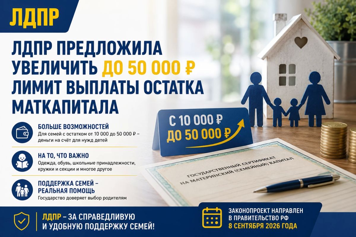 ЛДПР предложила увеличить до 50 тысяч рублей лимит выплаты остатка маткапитала
