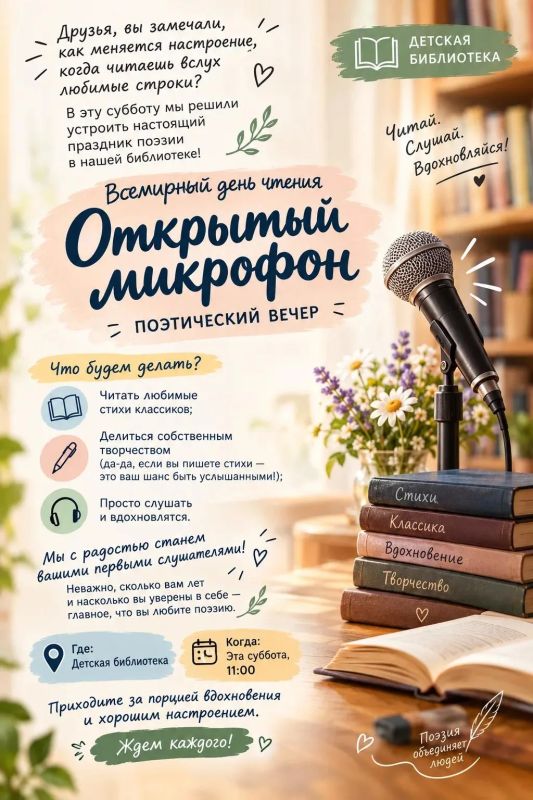 Друзья, вы замечали, как меняется настроение, когда читаешь вслух любимые строки? В эту субботу мы решили устроить настоящий праздник поэзии в нашей библиотеке!