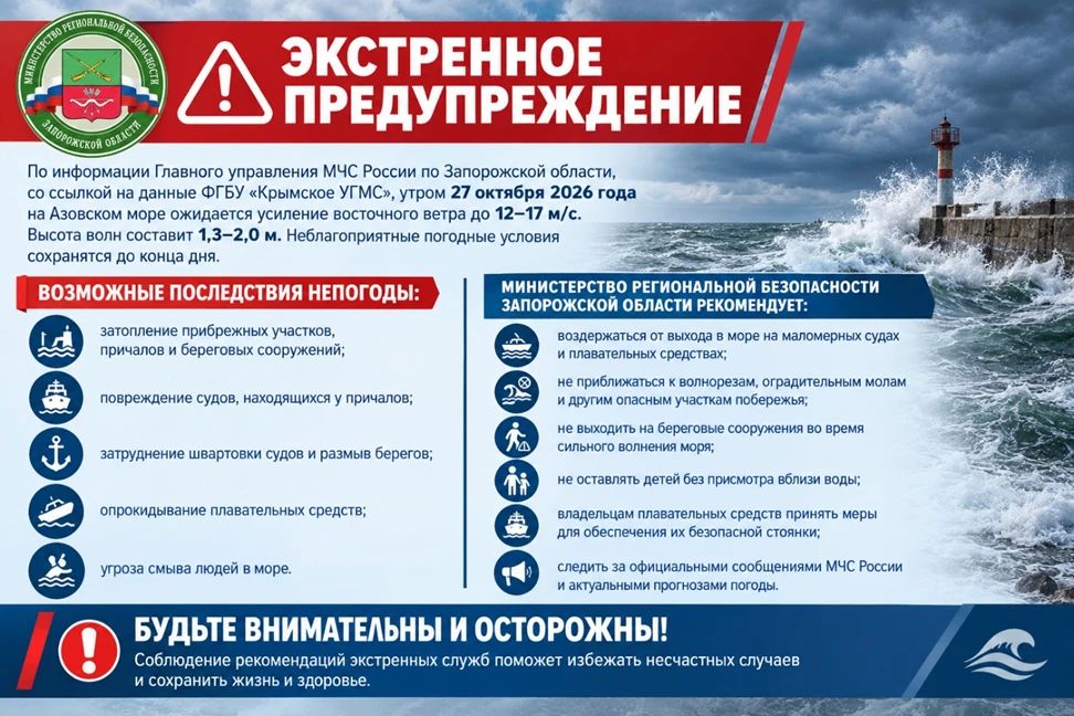 ЭКСТРЕННОЕ ПРЕДУПРЕЖДЕНИЕ. По информации Главного управления МЧС России по Запорожской области, со ссылкой на данные ФГБУ «Крымское УГМС», утром 27 октября 2026 года на Азовском море ожидается усиление восточного ветра до...